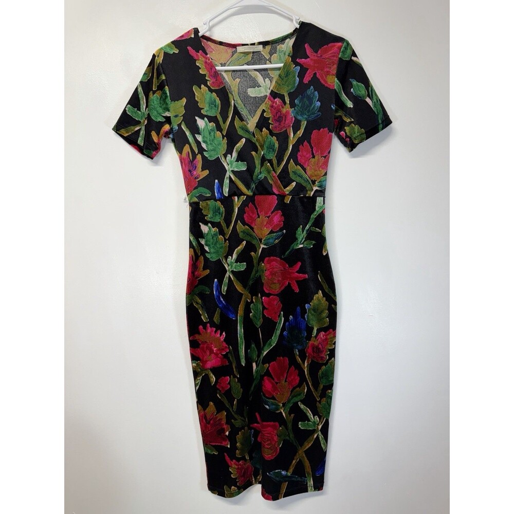 Zara Trafaluc Women Velvet Wrap Top Surplice Midi Floral Print Dress V Neck Sz S